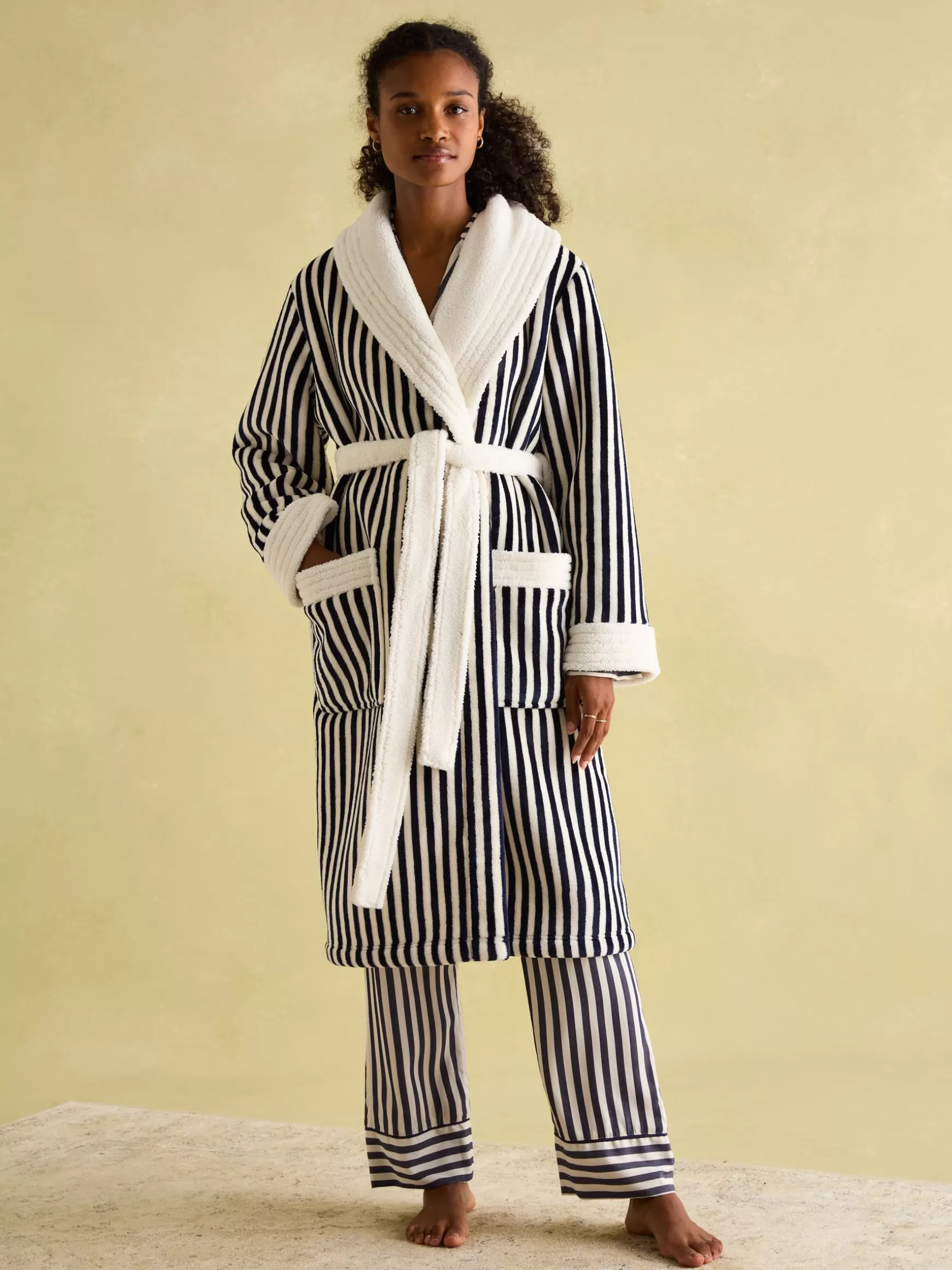 Matilda Navy & White Fleece Lined Striped Dressing Gown^Joules Store