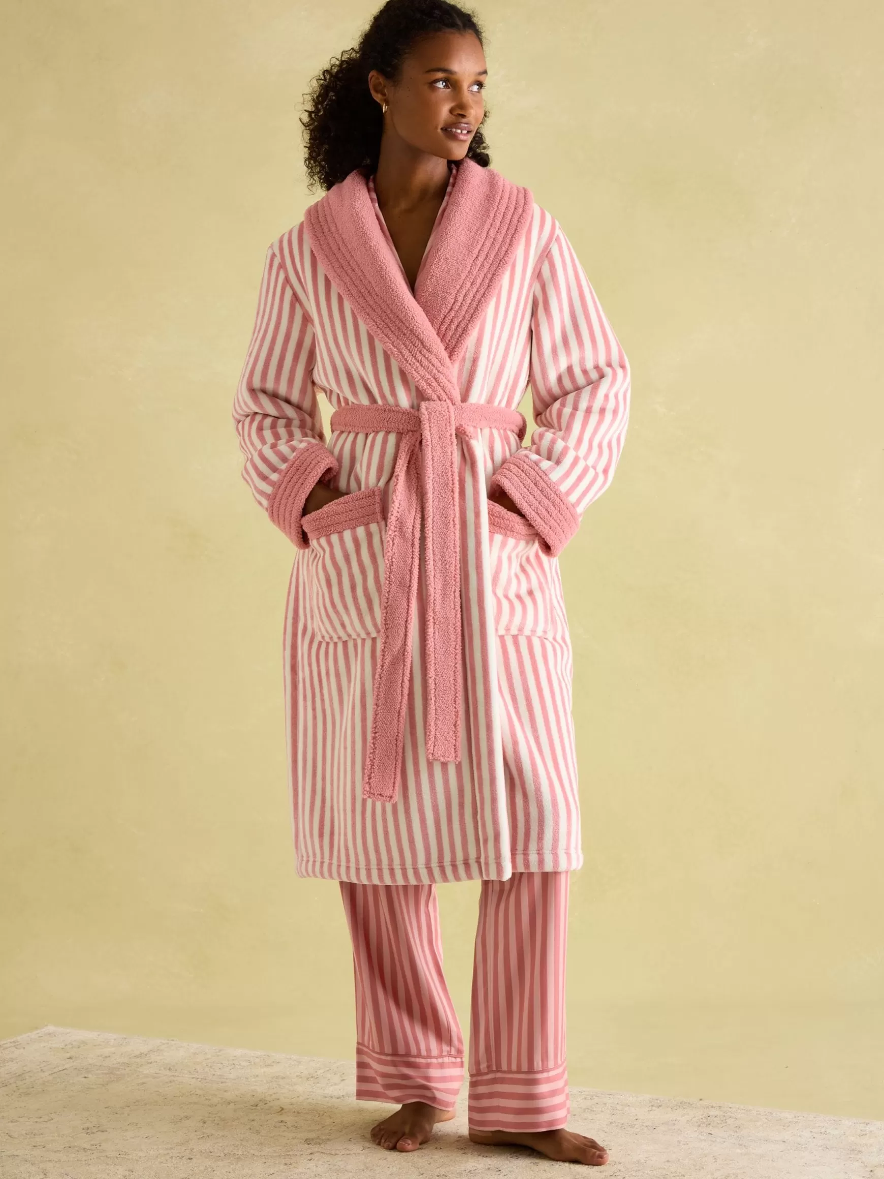 Matilda Pink & White Fleece Lined Striped Dressing Gown^Joules Best