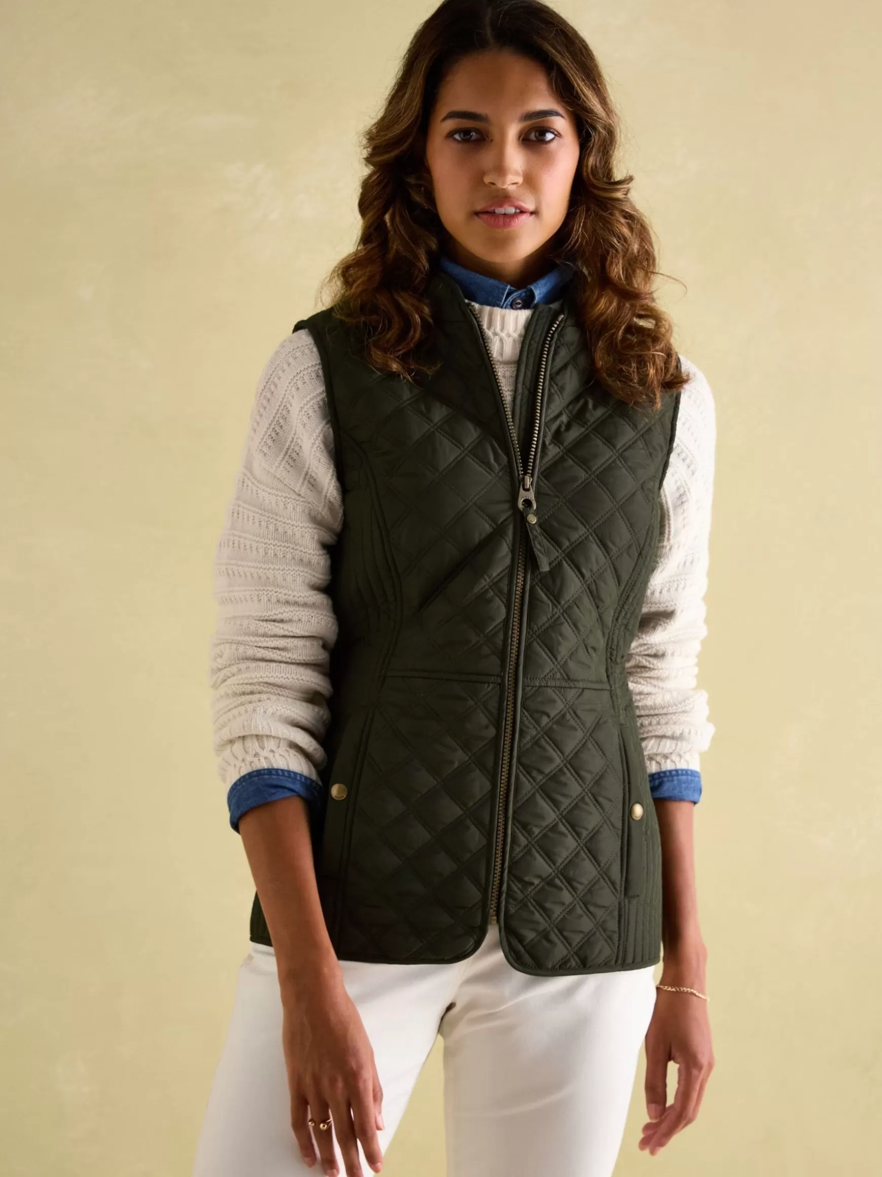Minx Khaki Green Showerproof Diamond Quilted Gilet^Joules Clearance