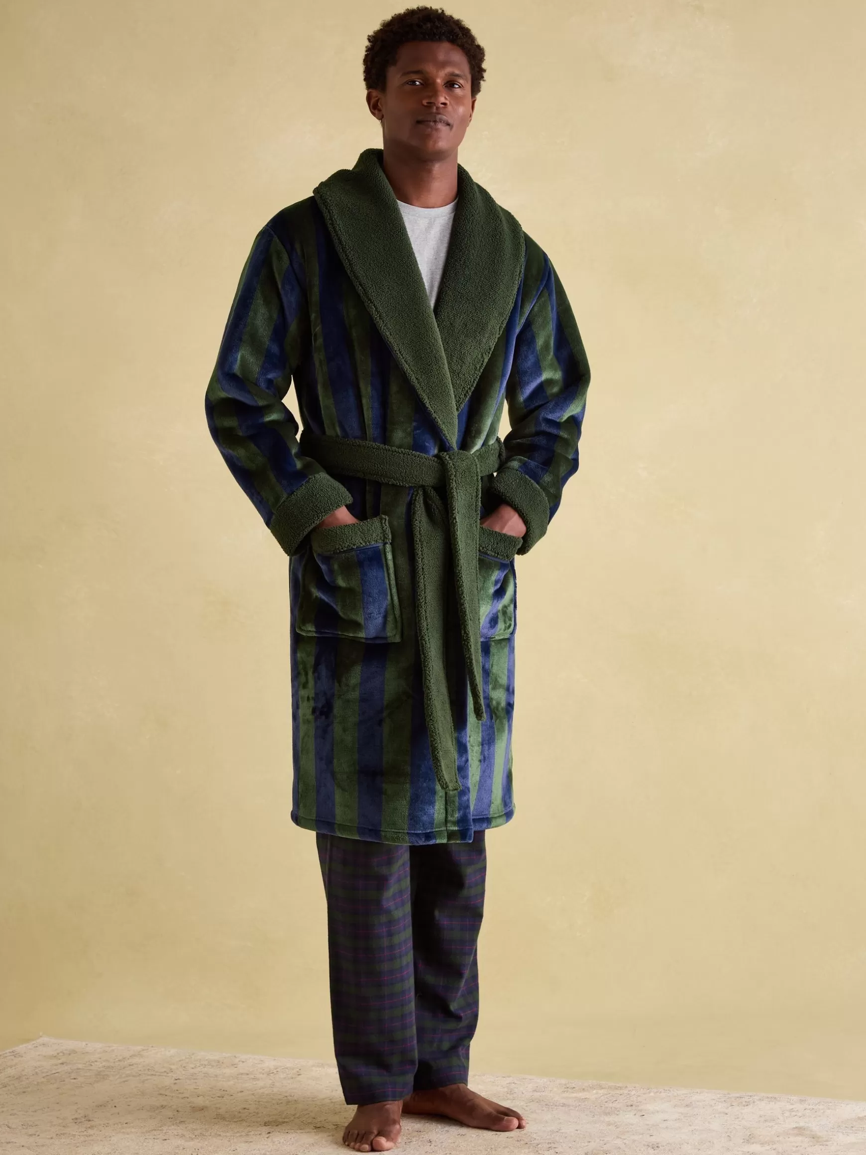 Montague Green & Navy Stripe Fleece Lined Dressing Gown^Joules Cheap