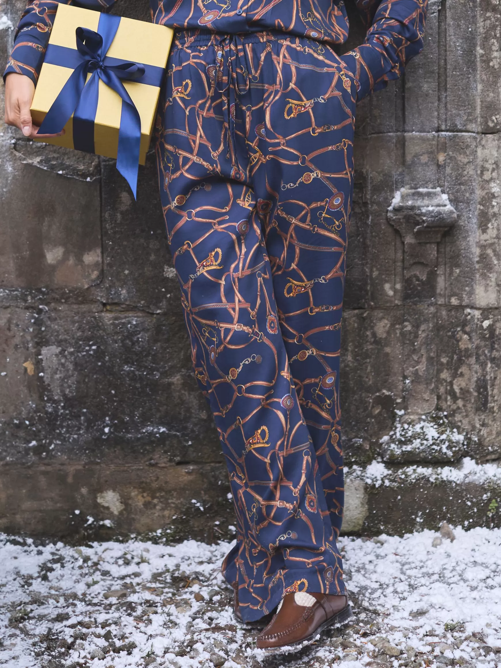 Navy Blue Bridle Wide Leg Printed Satin Trousers^Joules Fashion