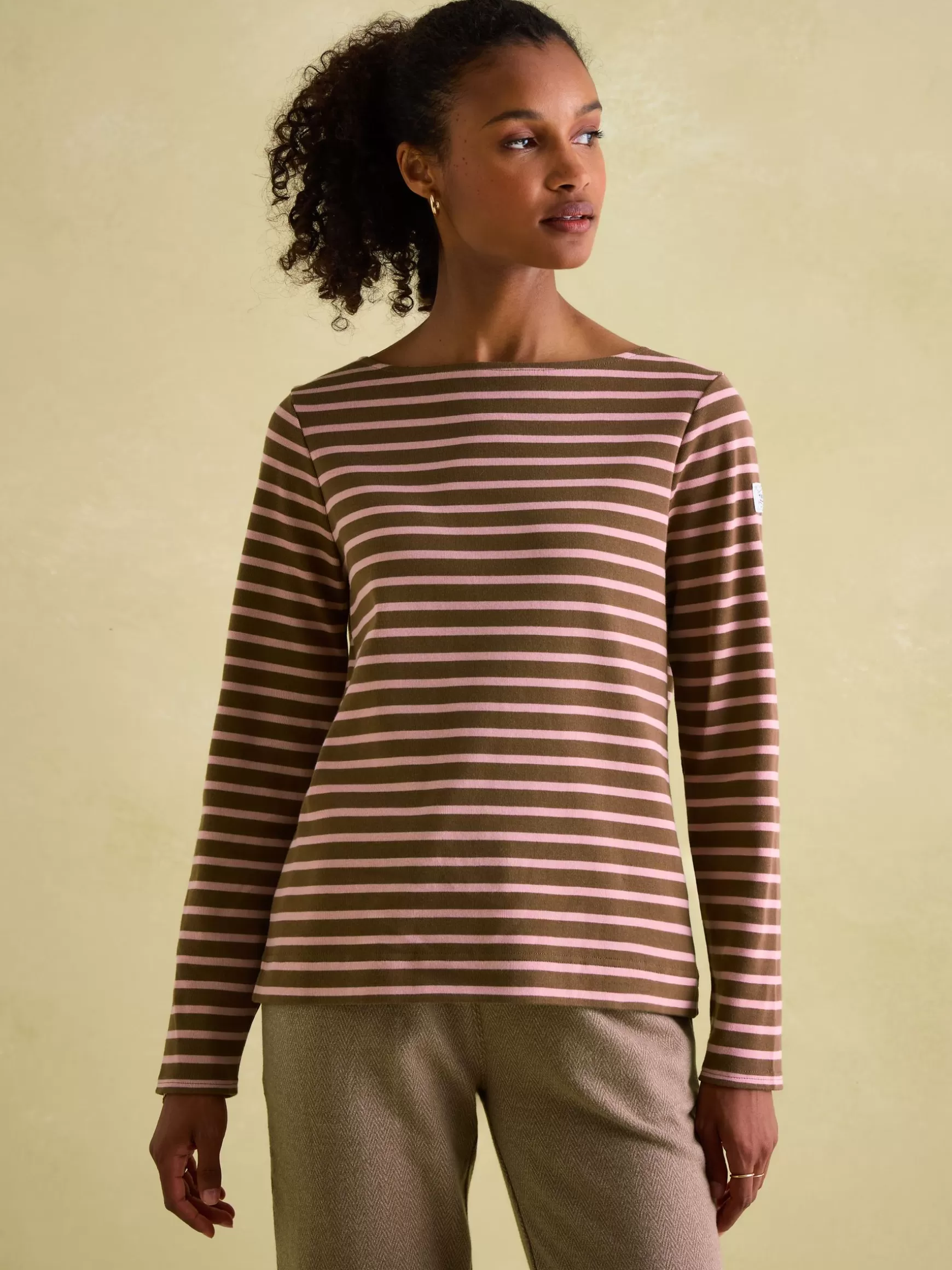 New Harbour Chocolate Brown pink Boat Neck Breton Top^Joules Hot