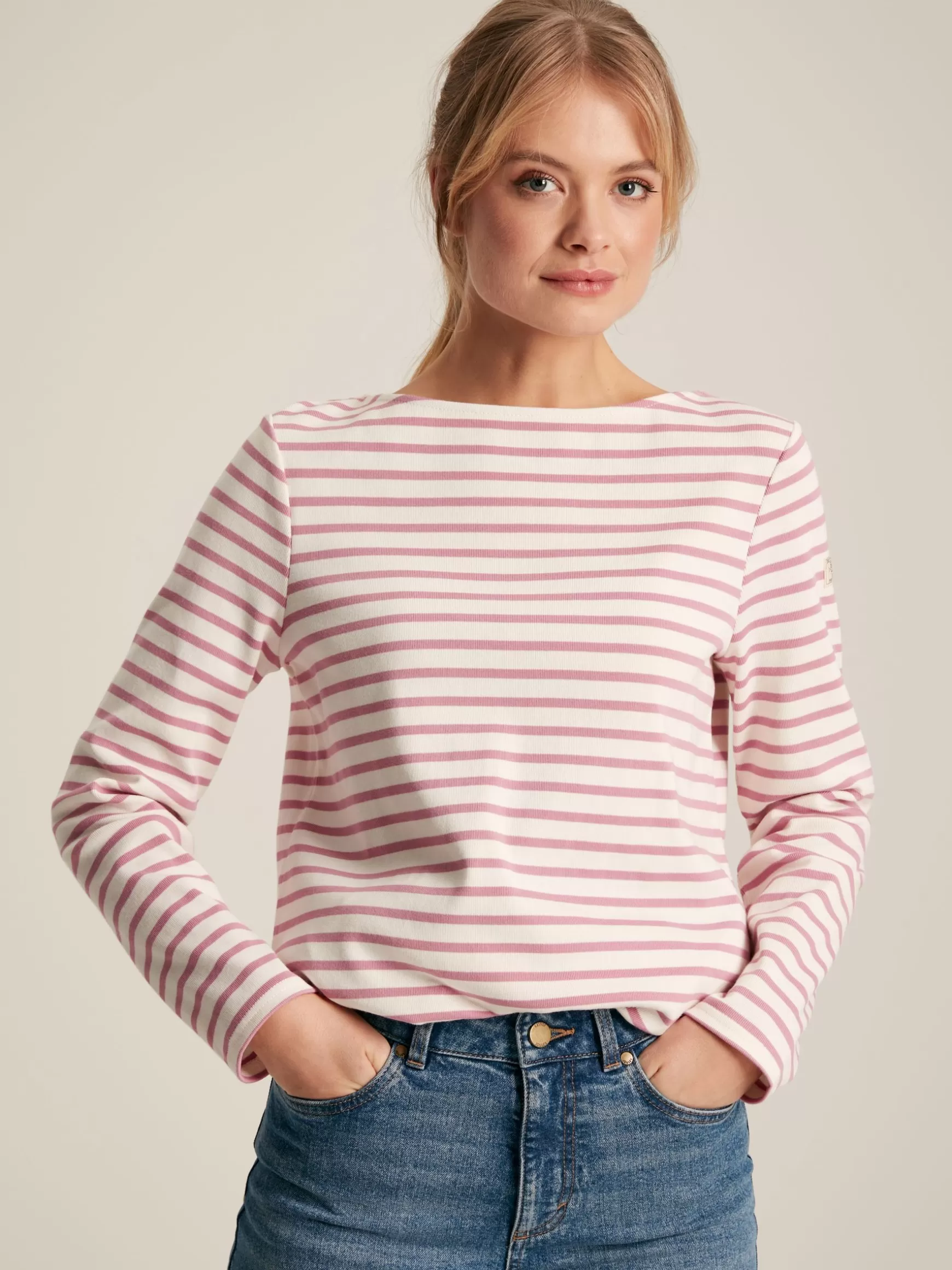 New Harbour Cream & Pink Striped Boat Neck Breton Top^Joules New