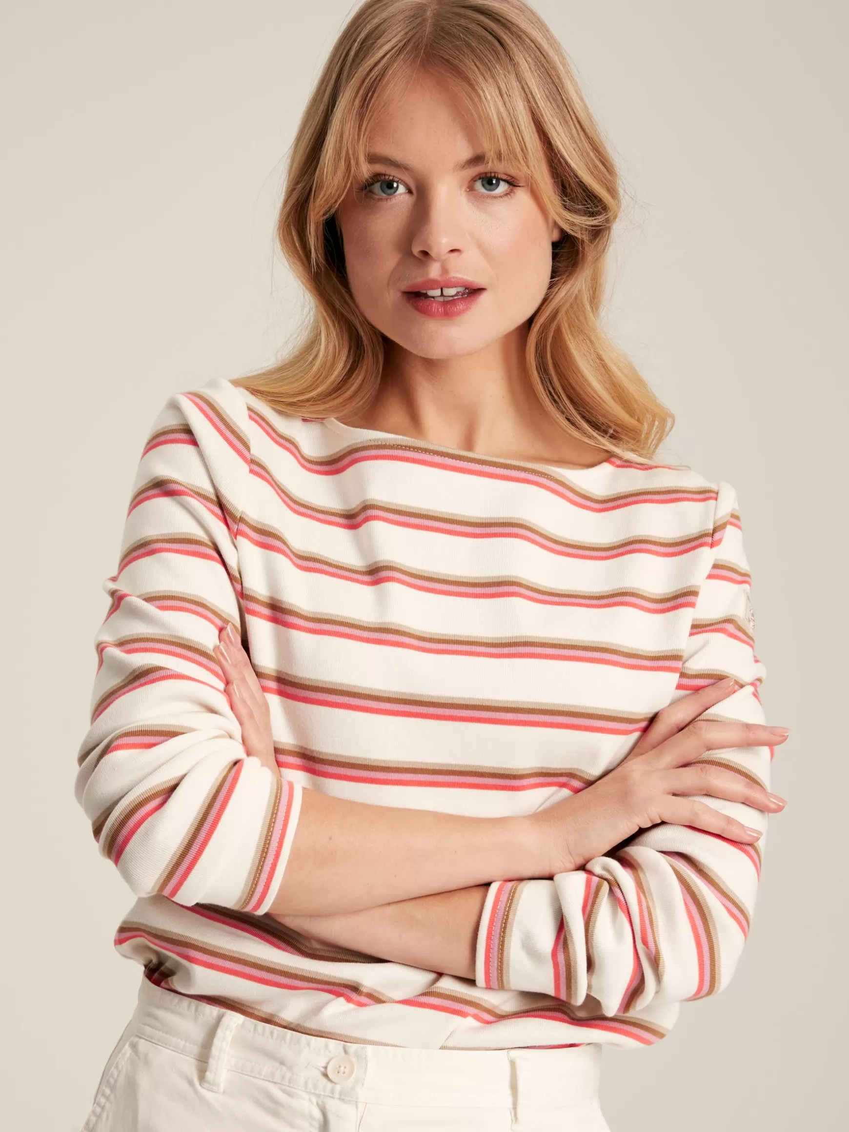 New Harbour Pink & Tan Striped Boat Neck Breton Top^Joules Online