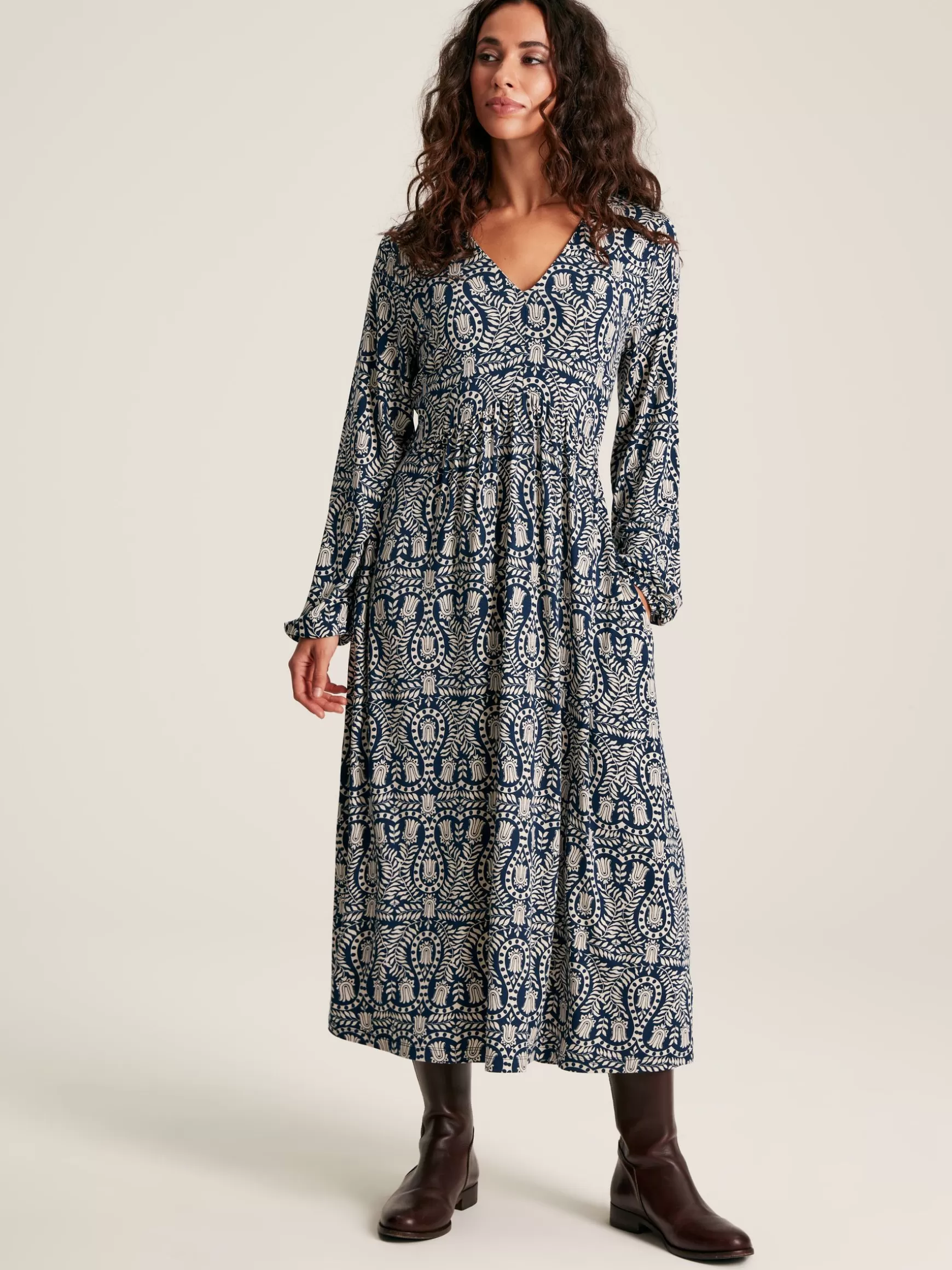 Nia Navy Blue Printed Long Sleeve Midaxi Dress With Pockets^Joules Shop
