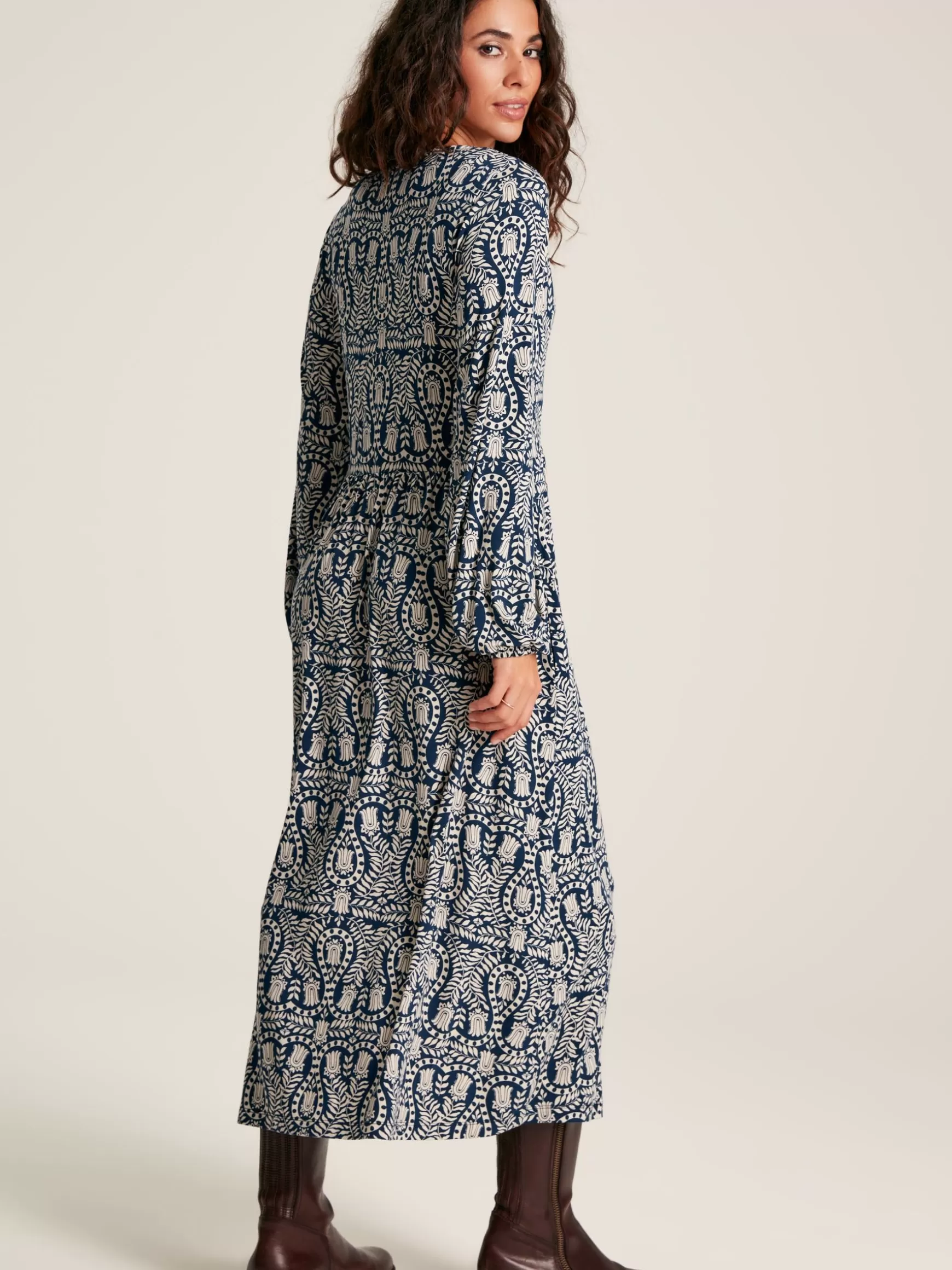 Nia Navy Blue Printed Long Sleeve Midaxi Dress With Pockets^Joules Shop