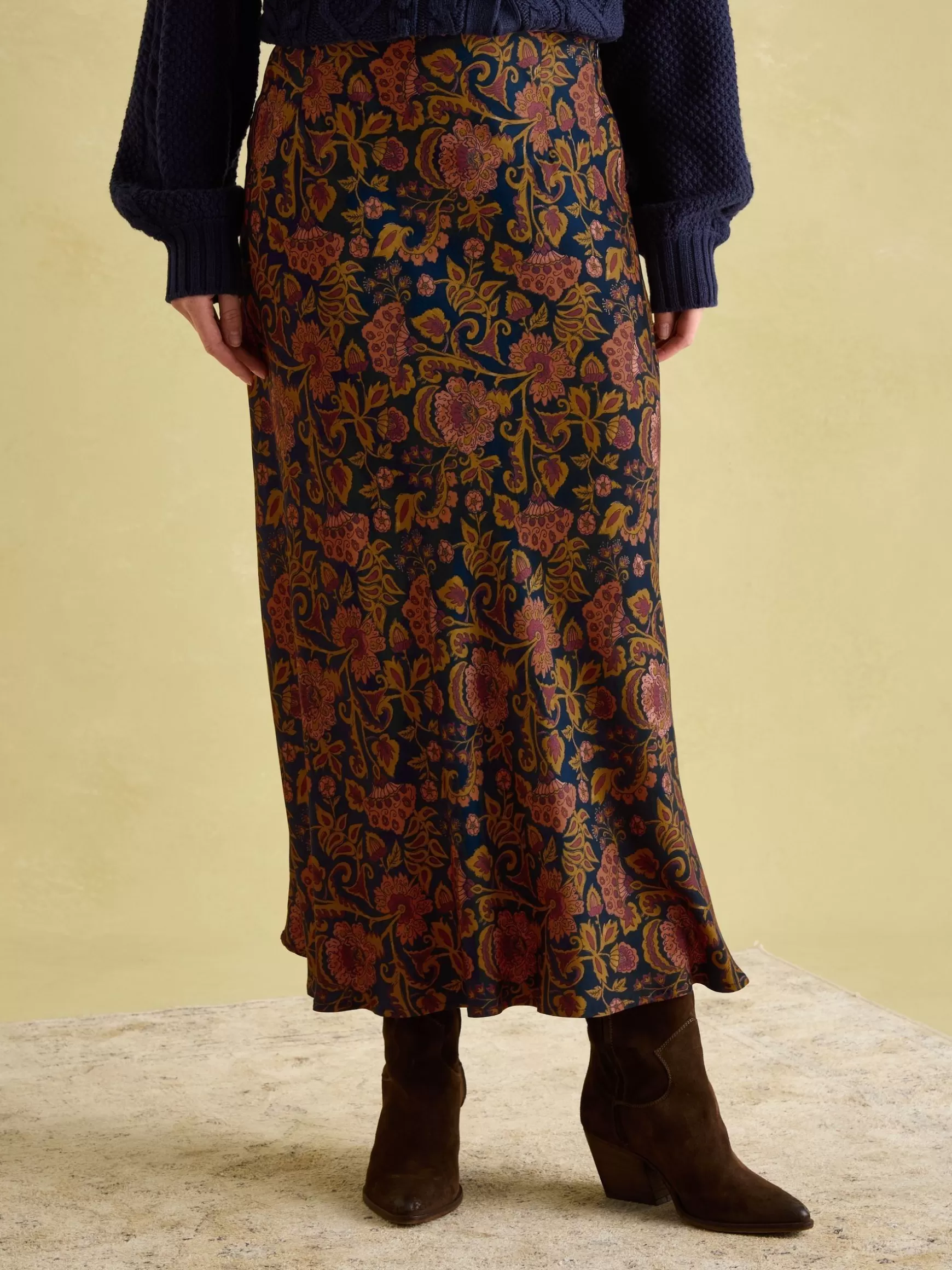 Penelope Navy Floral Satin Midi Skirt^Joules Discount