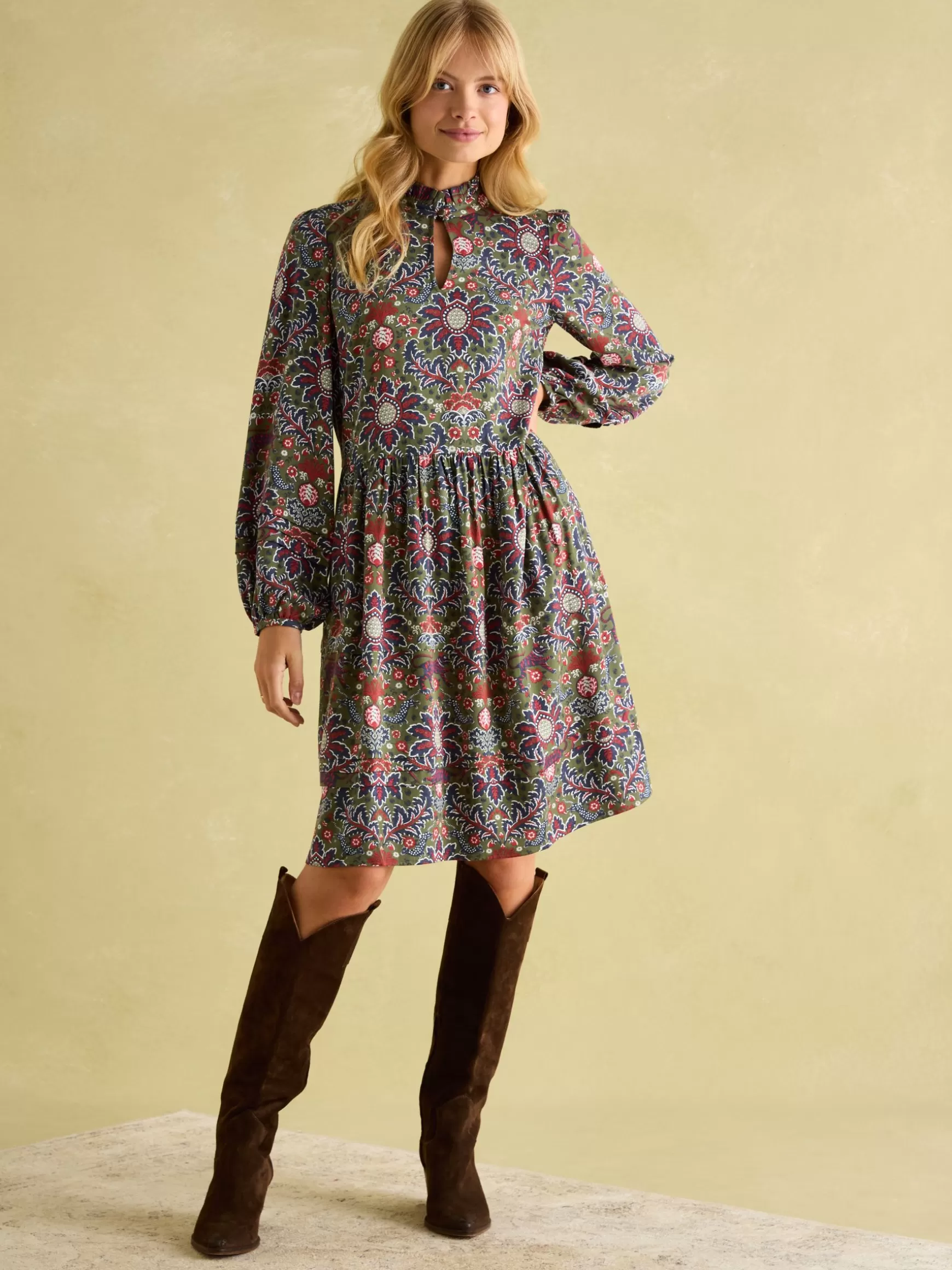 Petunia Khaki Green Frill Neck Dress^Joules New