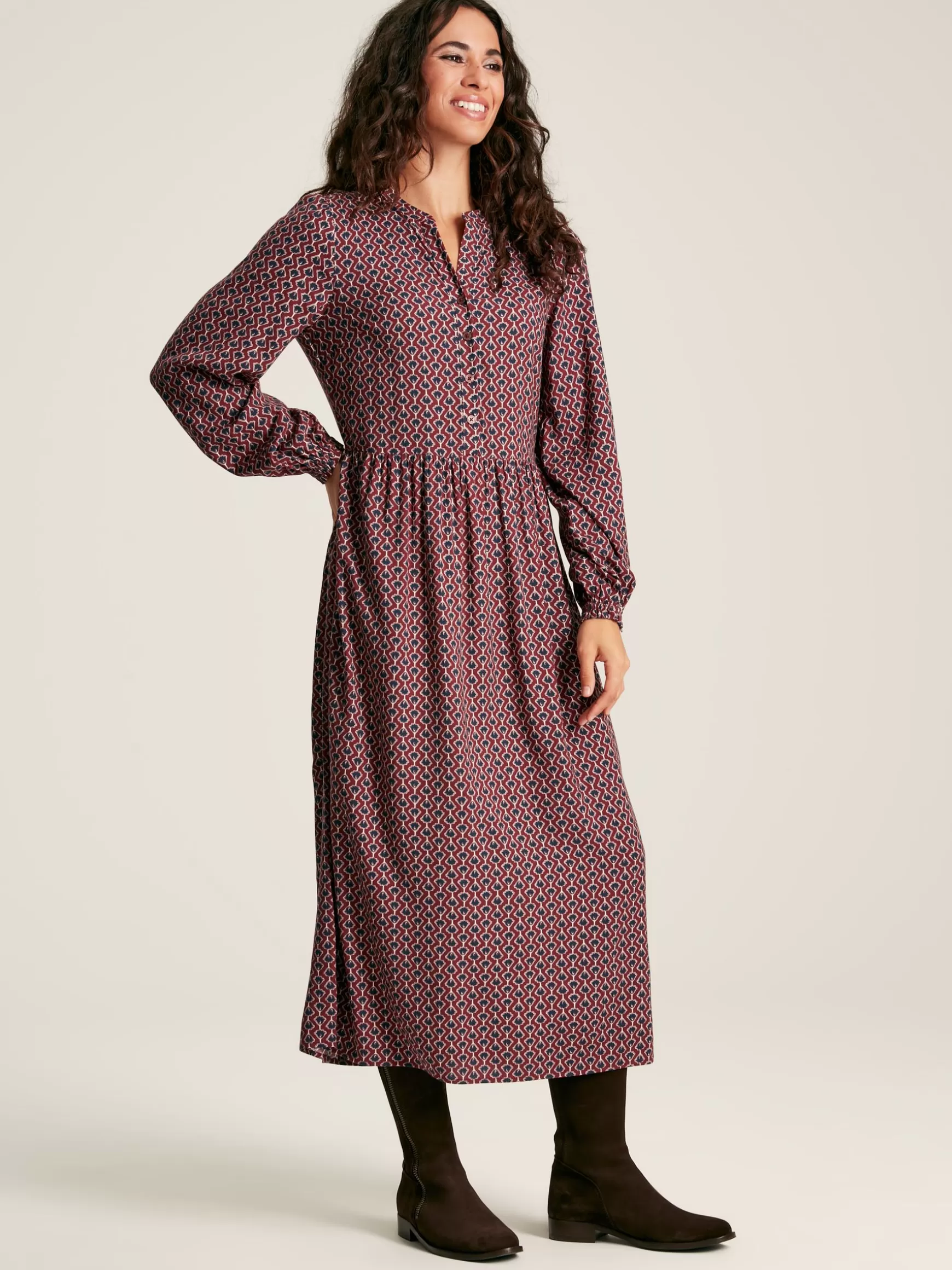 Robyn Burgundy Red Balloon Sleeve Midi Dress^Joules Discount