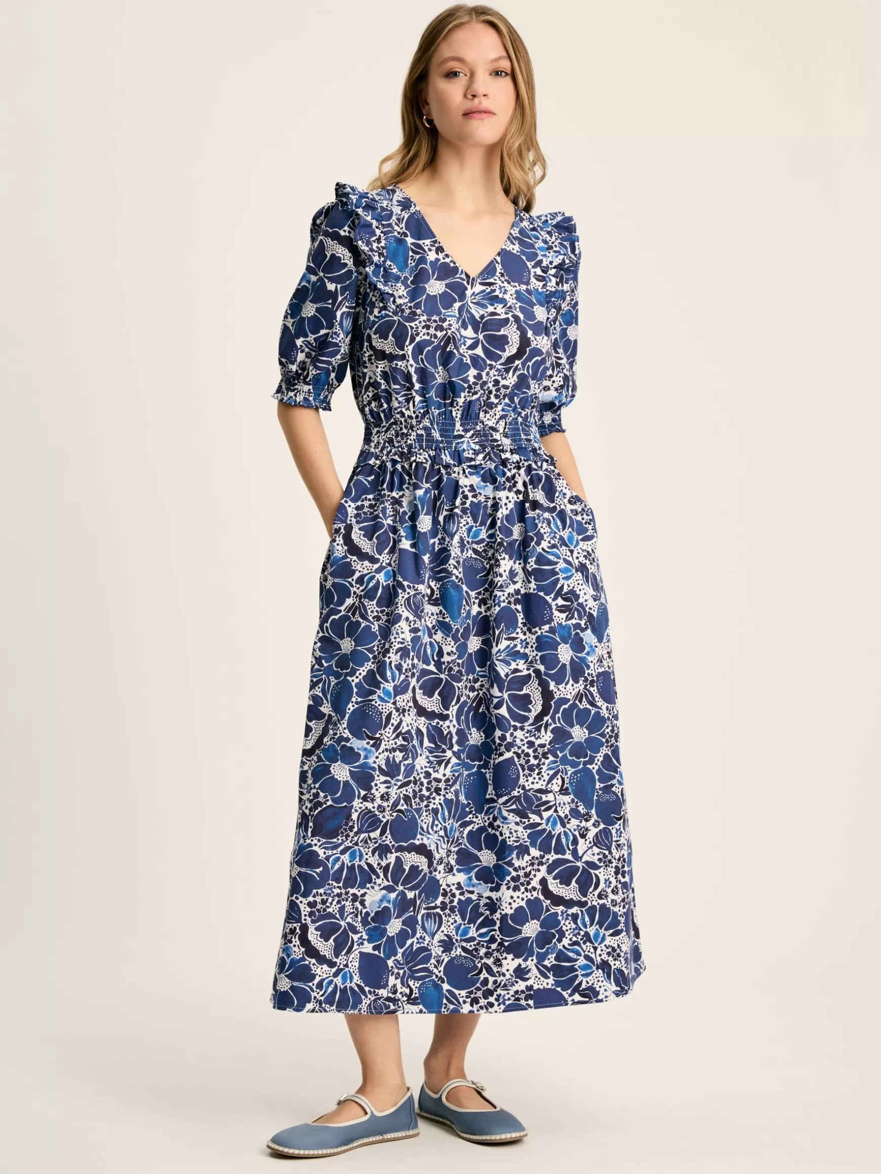 Rosalie Blue & White V-Neck Frill Dress^Joules Store