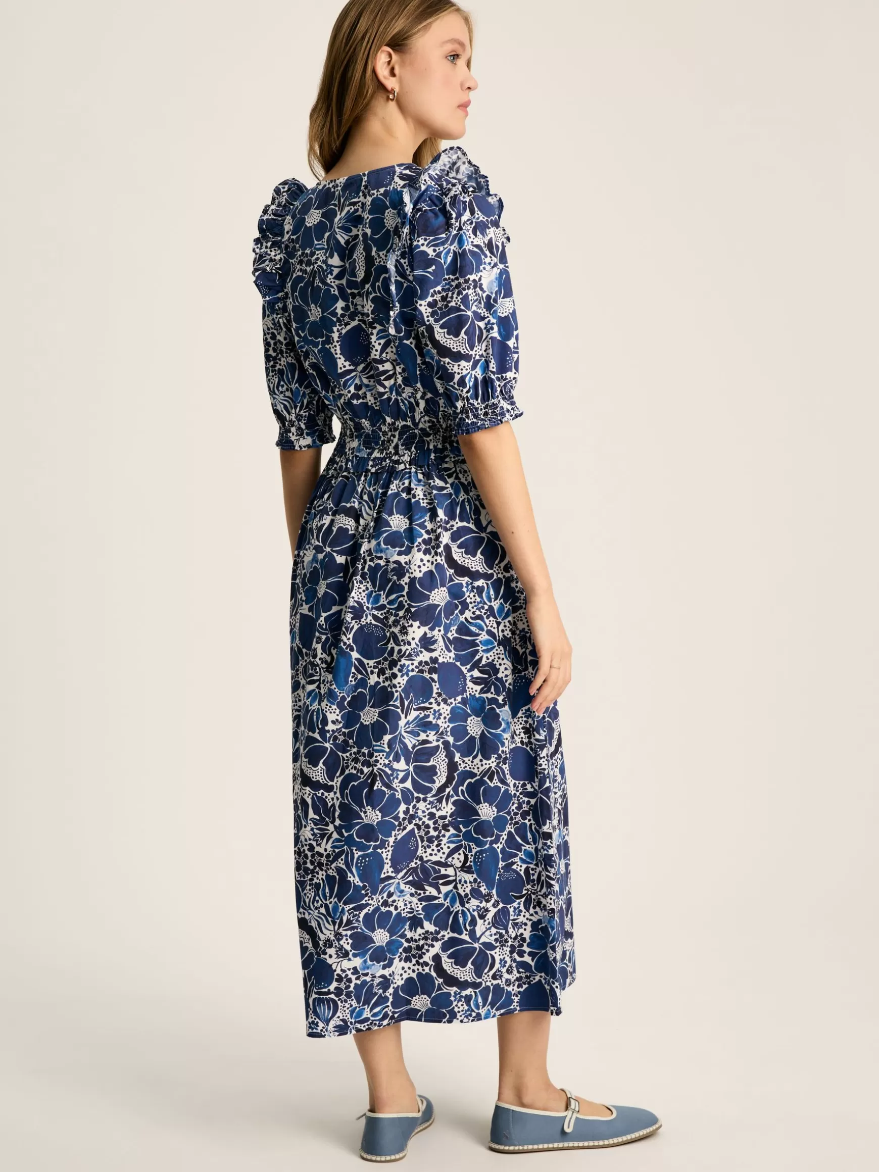Rosalie Blue & White V-Neck Frill Dress^Joules Store