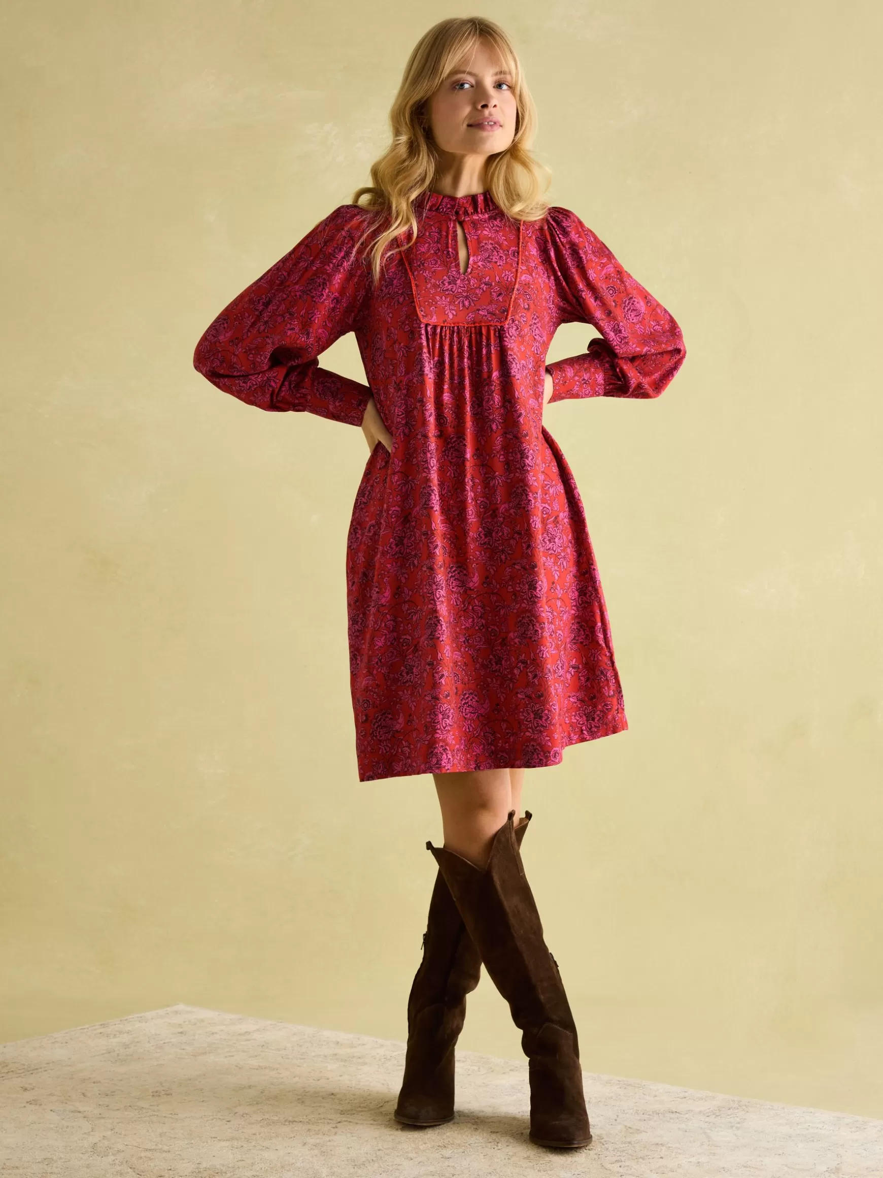Rosette Red Floral Printed Dress with Pie Crust Neck^Joules Online