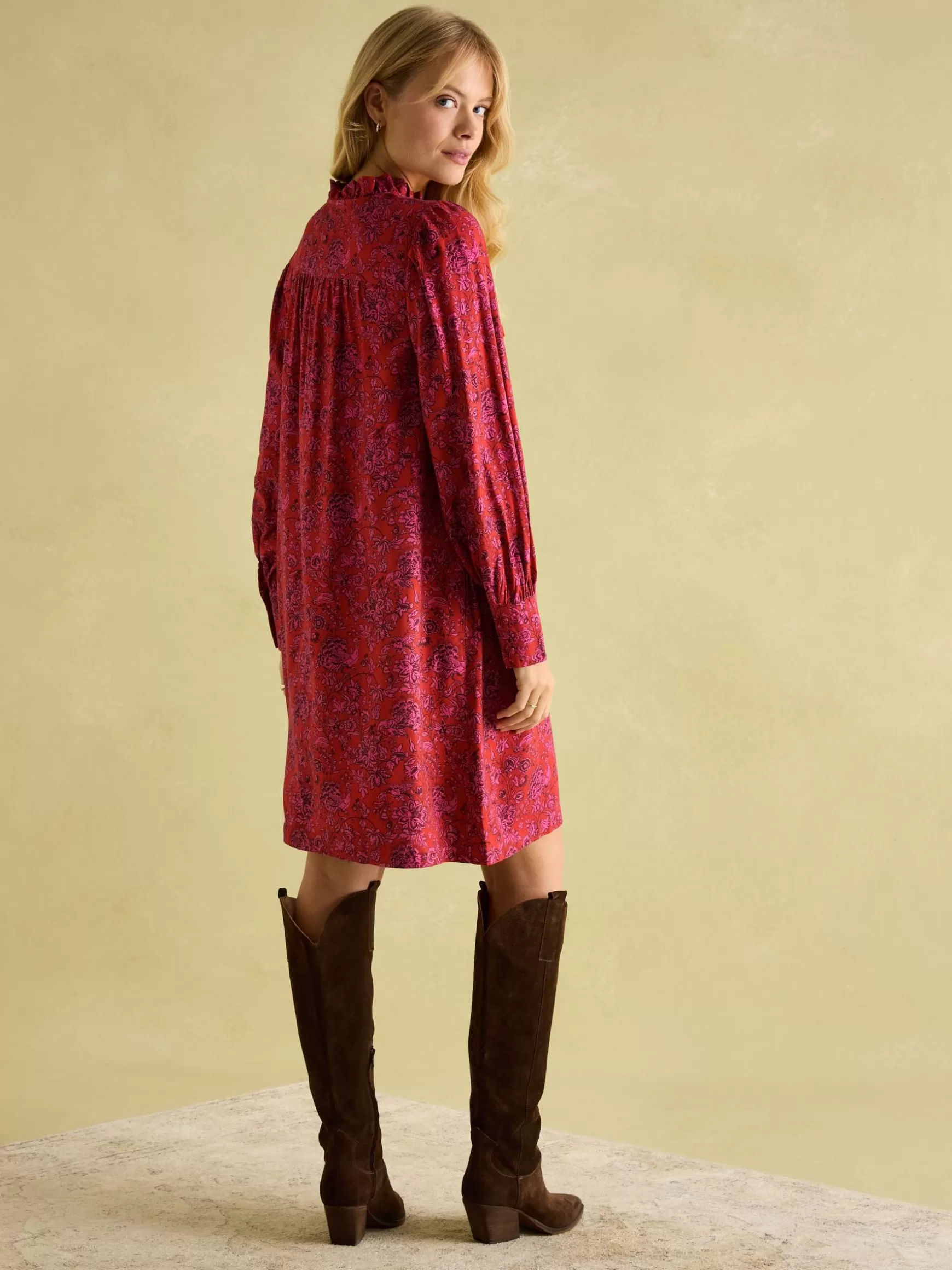 Rosette Red Floral Printed Dress with Pie Crust Neck^Joules Online