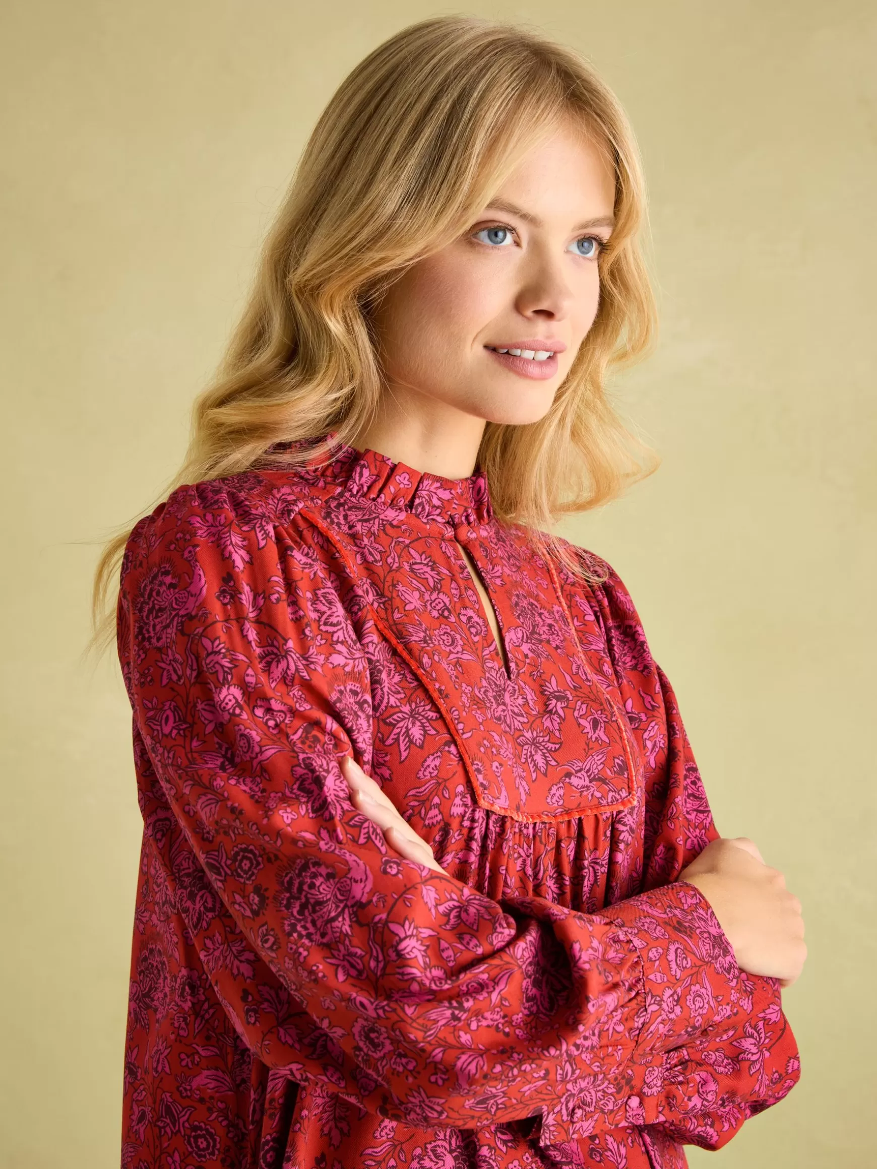 Rosette Red Floral Printed Dress with Pie Crust Neck^Joules Online