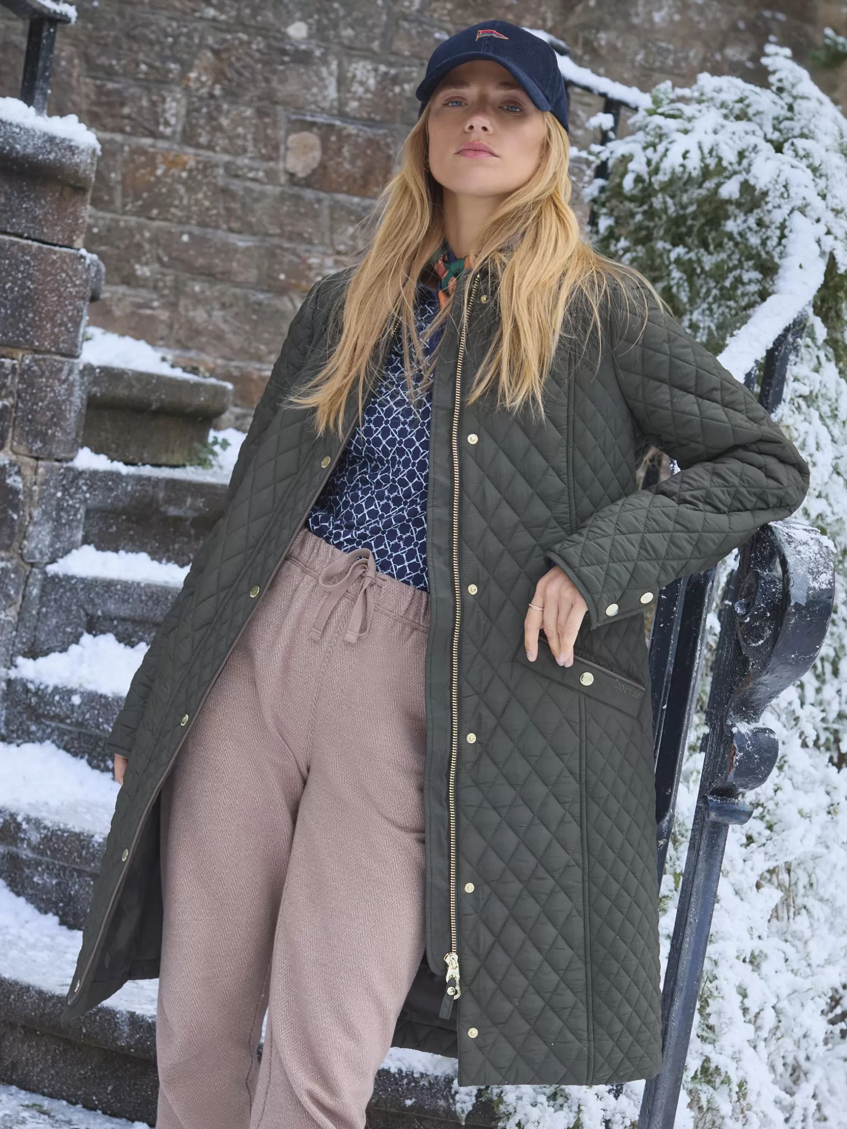 Rosewell Khaki Green Showerproof Longline Diamond Quilted Coat^Joules Cheap