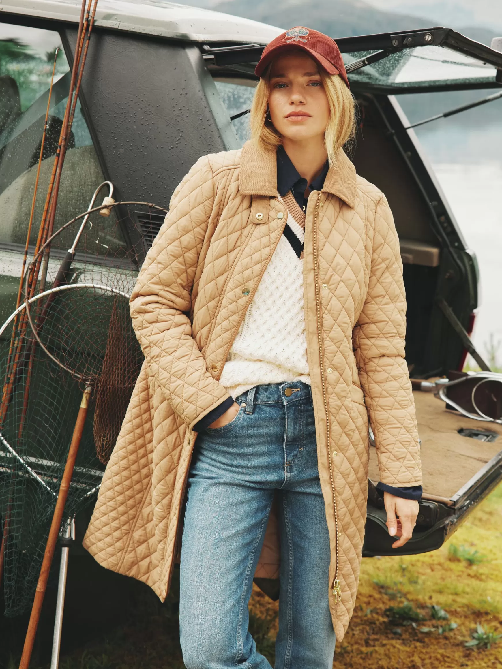 Rosewell Tan Brown Showerproof Longline Diamond Quilted Coat^Joules Fashion