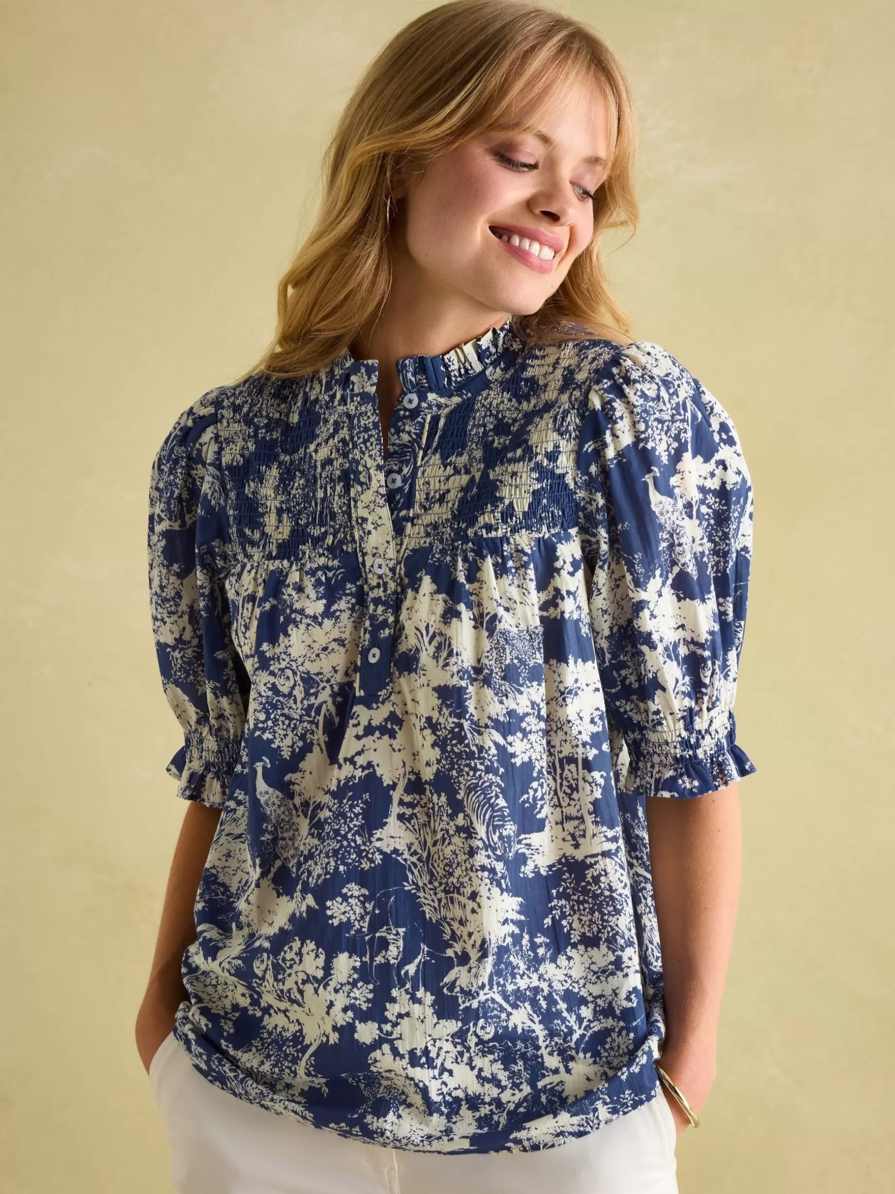 Silvia Frill Neck Smocked Blouse^Joules Sale