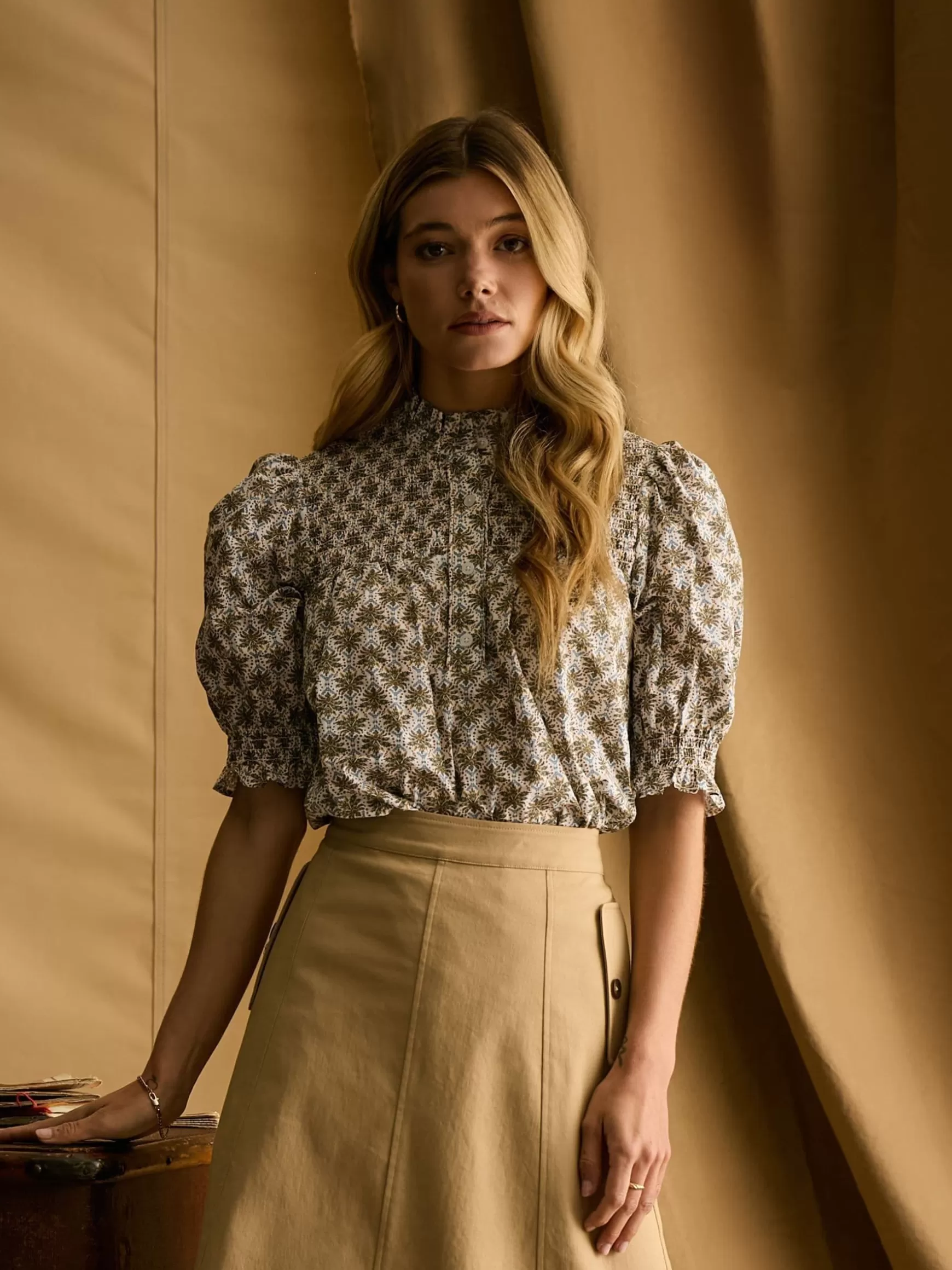 Silvia Frill Neck Smocked Blouse^Joules Outlet