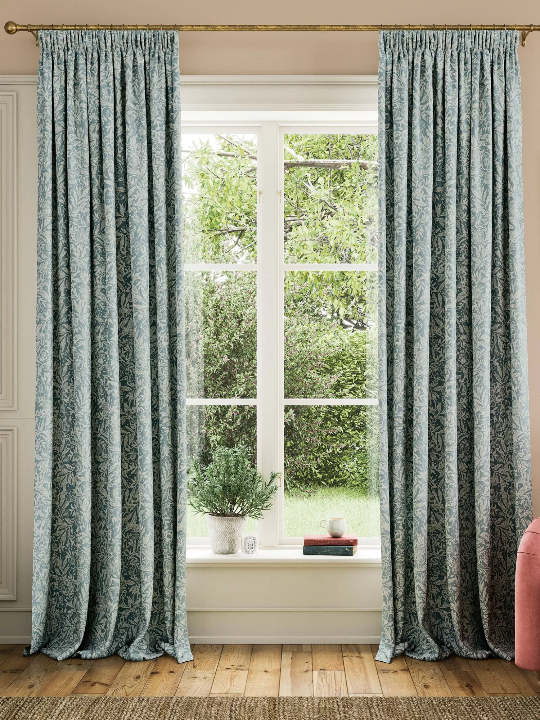 Twilight Ditsy Set of 2 Duck Egg Blackout Pencil Pleat Curtains^Joules Sale